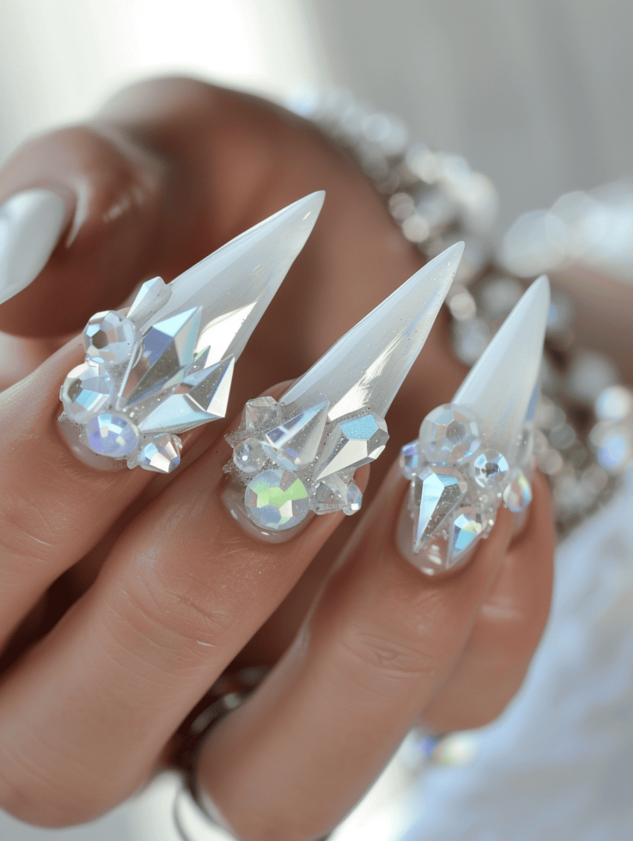 magic and fantasy nail design. white with crystal cluster designs