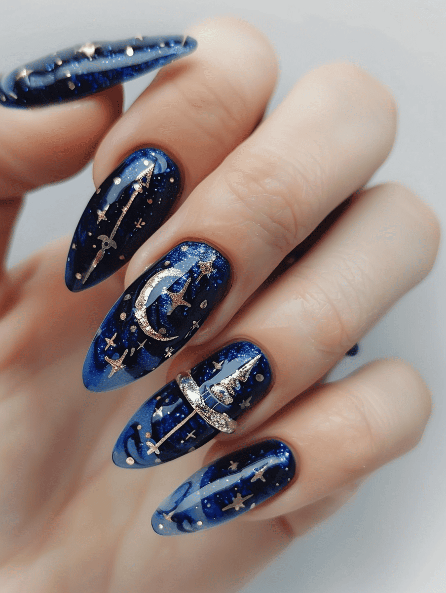 magic and fantasy nail design. navy blue with wizard hat and wand art