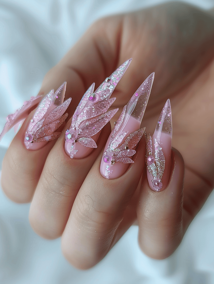 magic and fantasy nail design. sheer pink with sparkling fairy wings