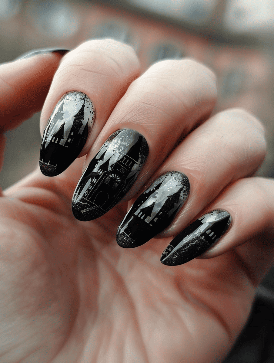 magic and fantasy nail design. dark grey with gothic castle silhouettes