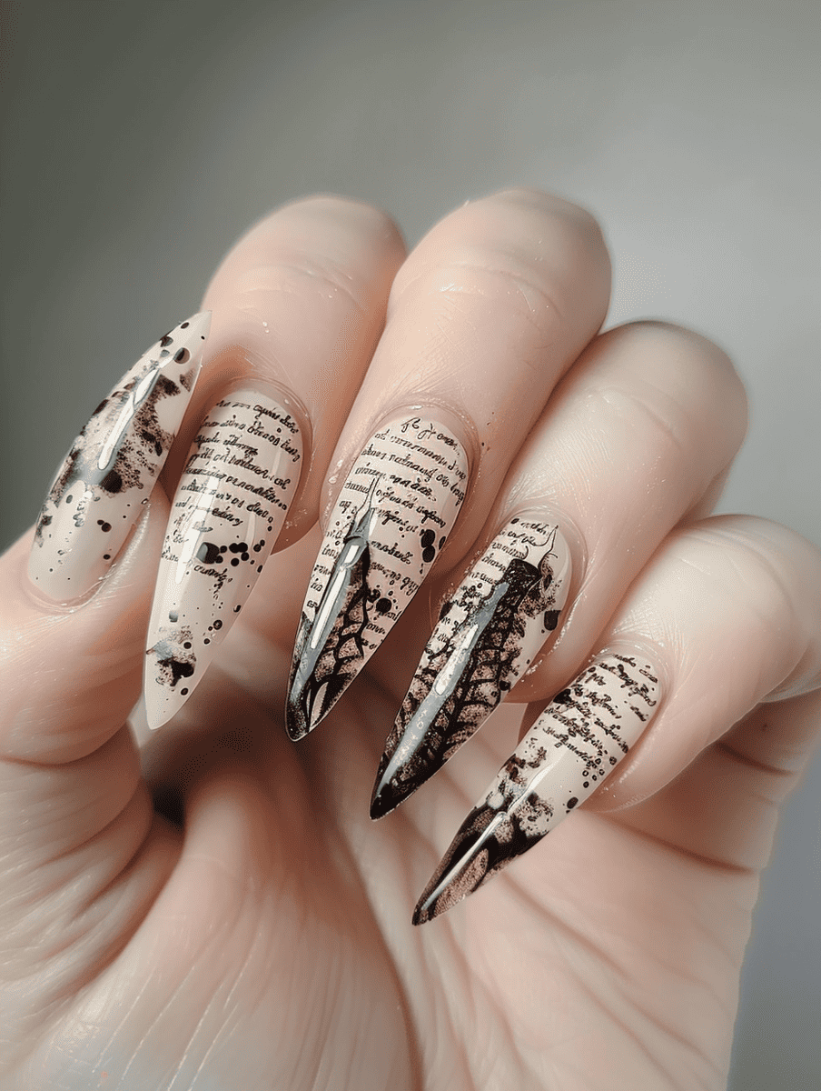 magic and fantasy nail design. cream with spell book pages and ink splatter