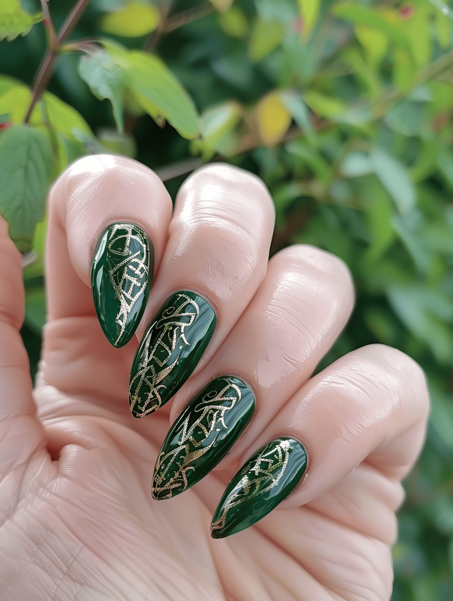 magic and fantasy nail design. forest green with elven script engravings