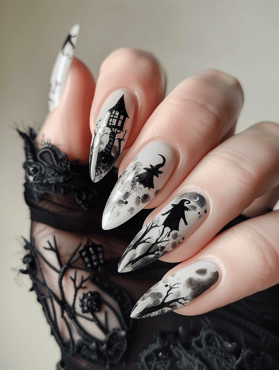 magic and fantasy nail design. pale grey with moonlit witch silhouettes