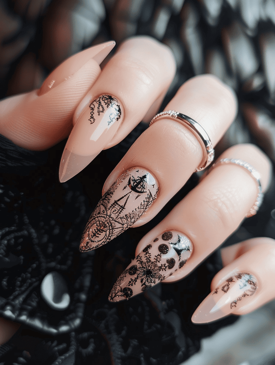 magic and fantasy nail design. dusty rose with alchemical symbols