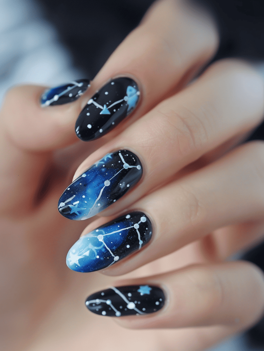 space-themed nail design. constellation designs with white dots and lines
