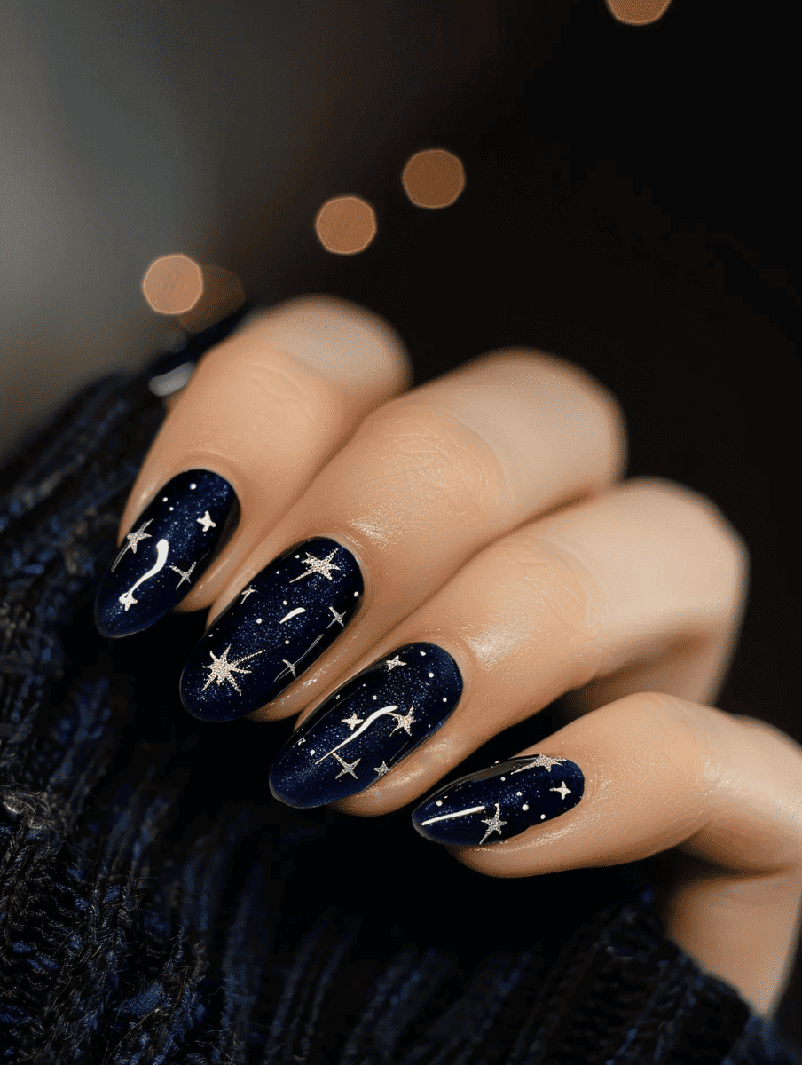space-themed nail design. midnight blue with silver stars