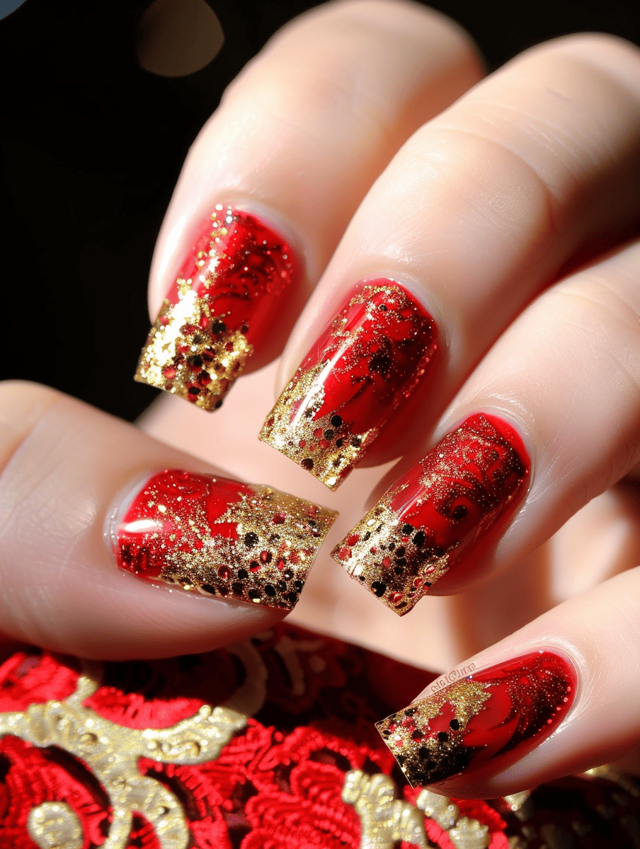 red and gold nail art. red with gold glitter overlay