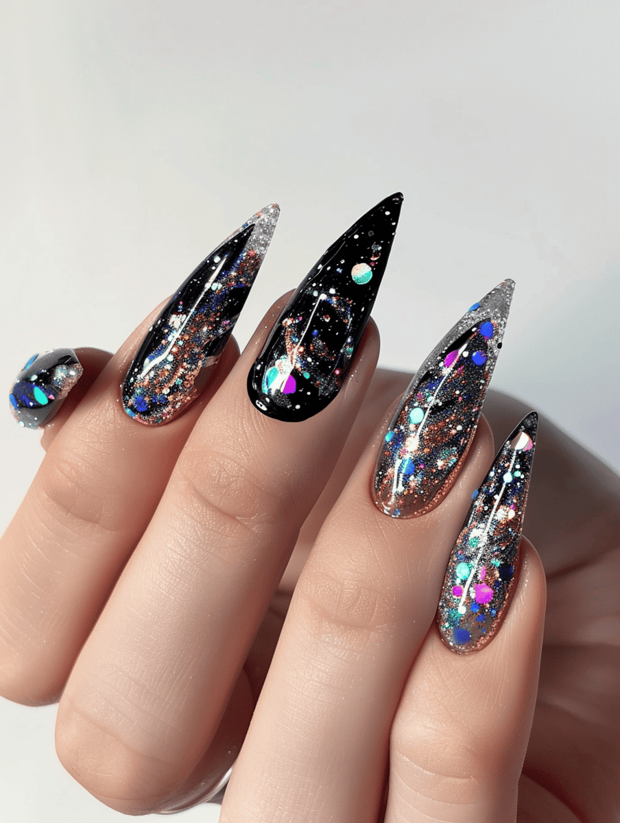 space-themed nail design. comet trails in holographic glitter