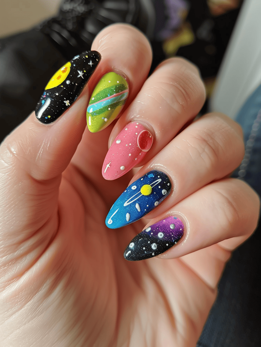 space-themed nail design. planetary orbit patterns in bright colors