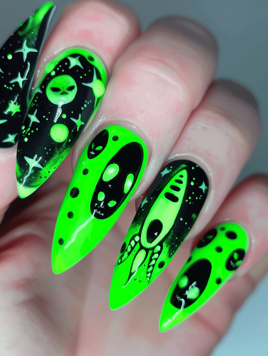 space-themed nail design. alien faces and UFOs on neon green