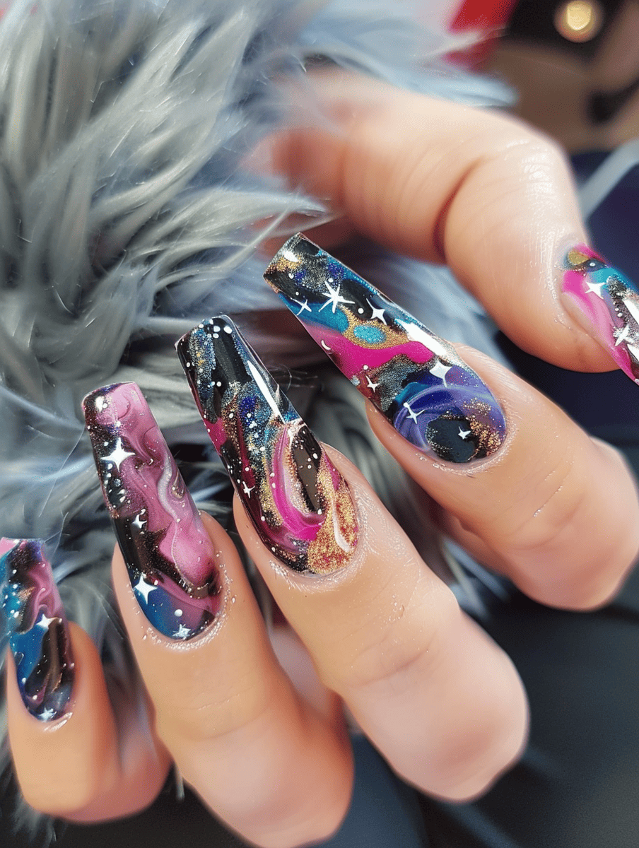 space-themed nail design. galactic marble effect with swirls of cosmic colors