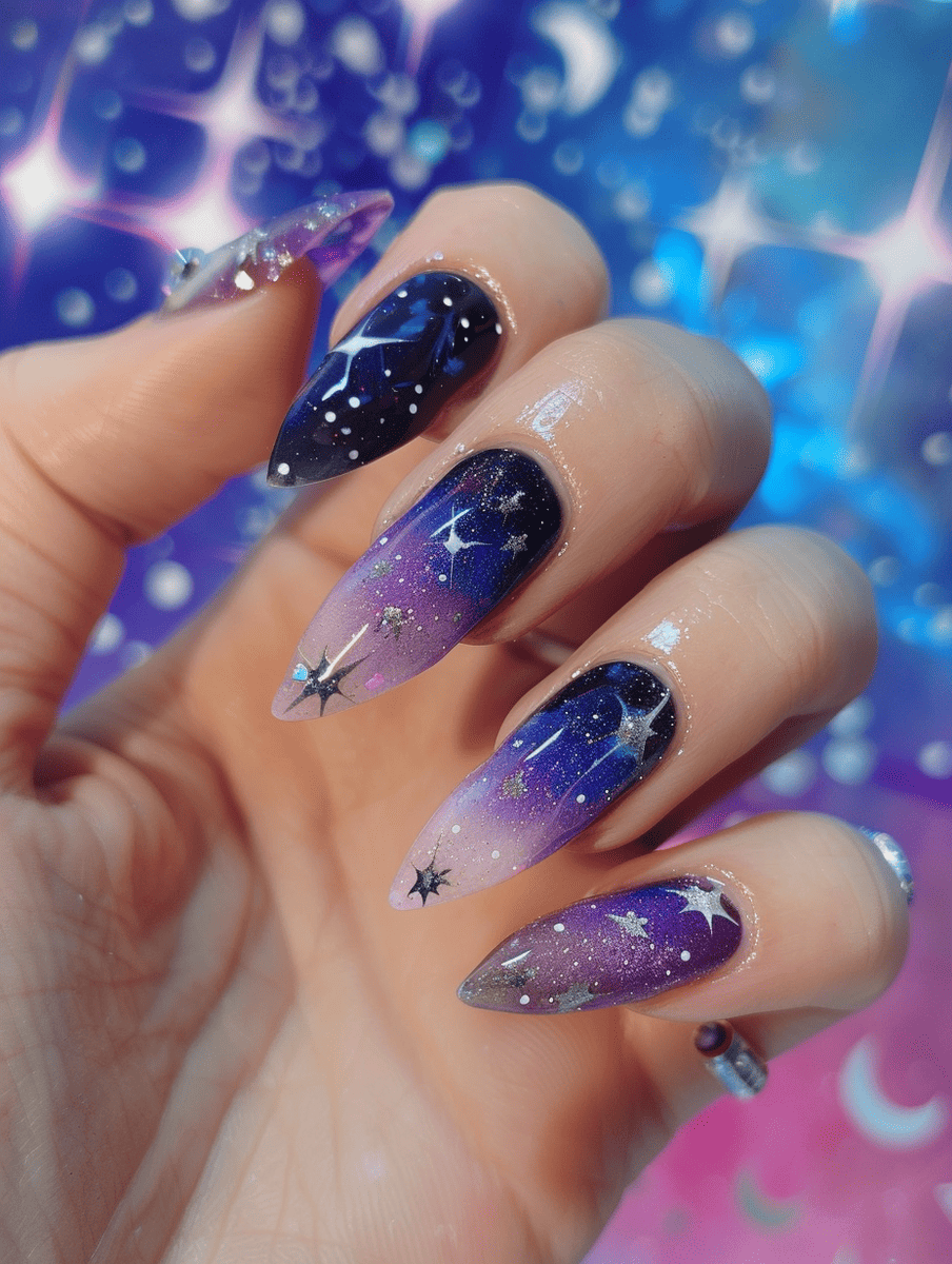 space-themed nail design. shooting stars over a gradient sky