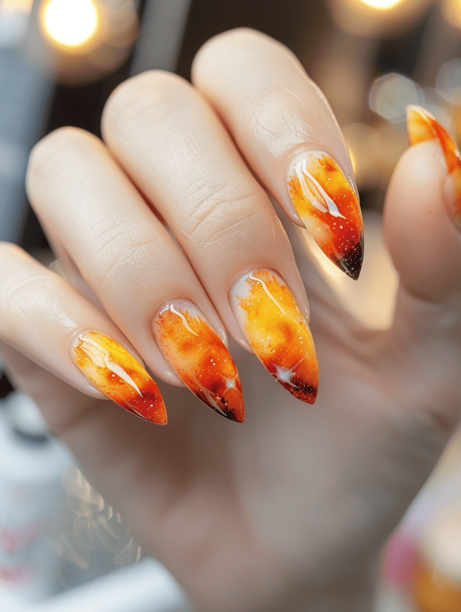 space-themed nail design. solar flares in orange and yellow ombre