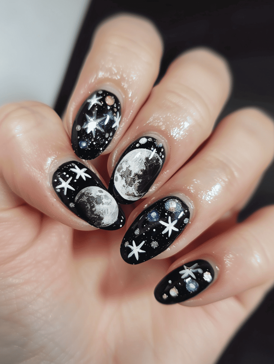 space-themed nail design. full moon and stars on a dark background
