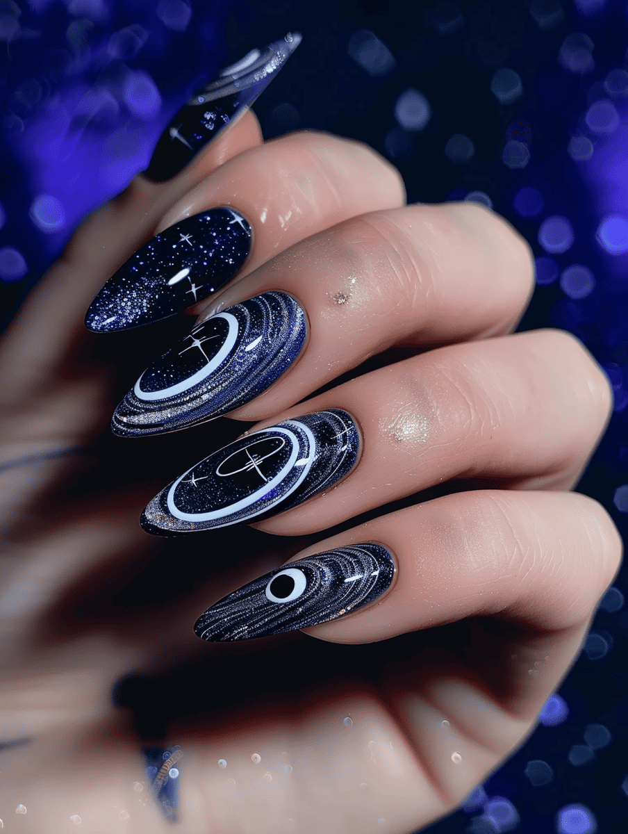 3:4 space-themed nail design. saturn rings in metallic silver on dark purple