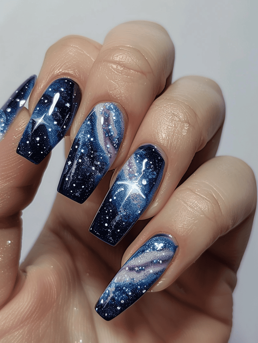 space-themed nail design. interstellar clouds with glitter dusting