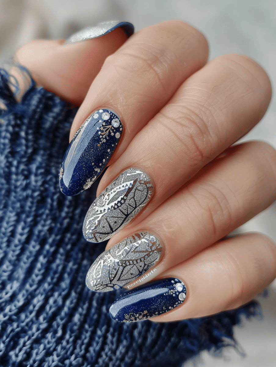 space-themed nail design. cosmic lacework in silver on navy