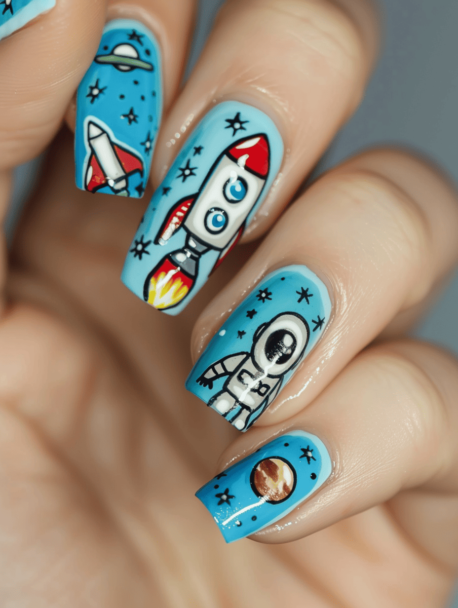 space-themed nail design. space suits and rockets on baby blue