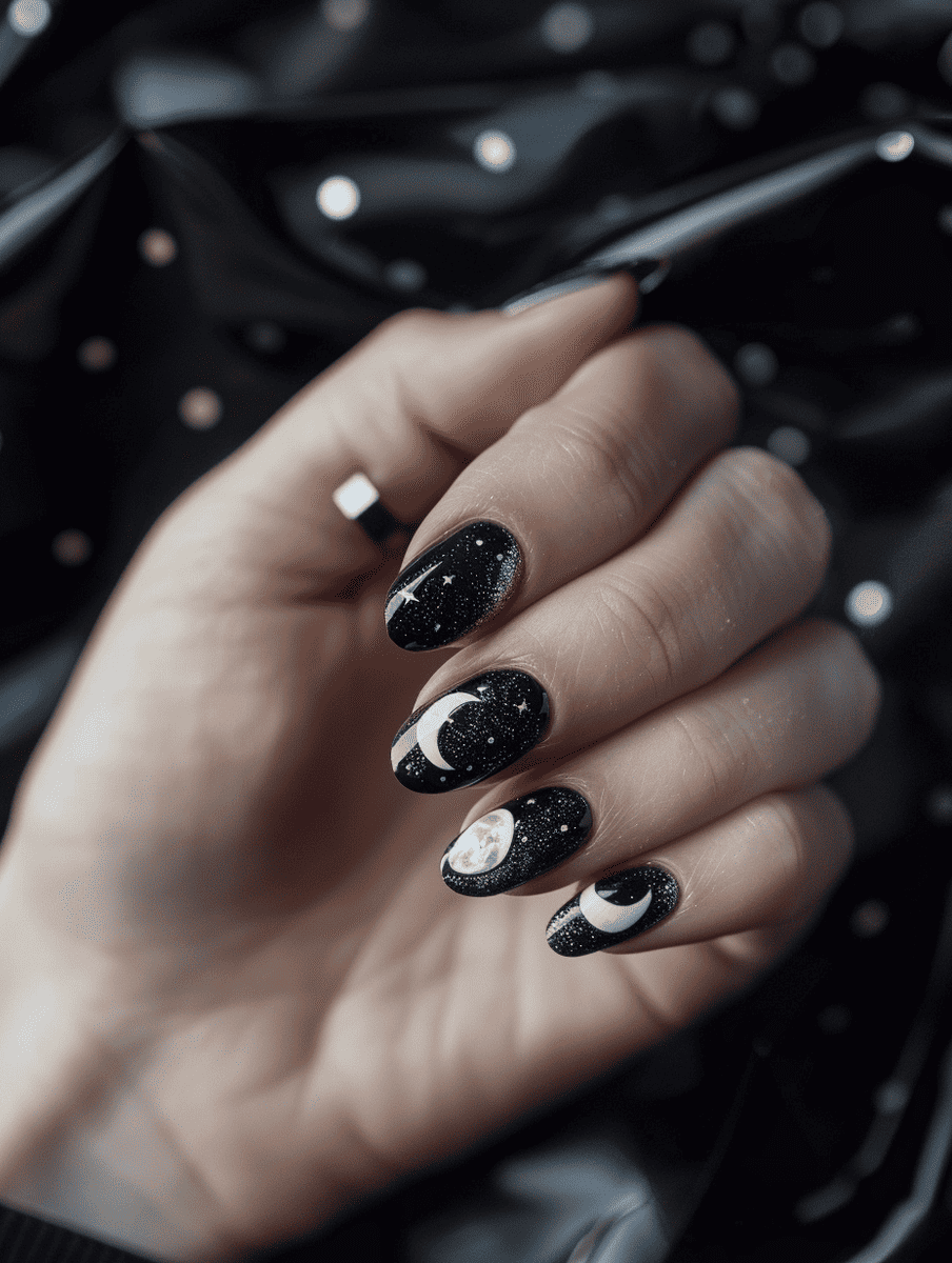 space-themed nail design. moon phases in sequence on a dark base