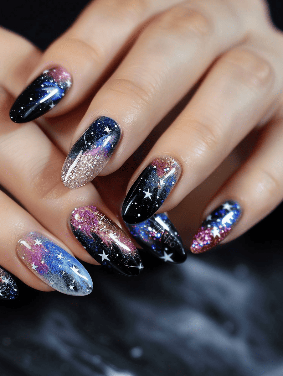 space-themed nail design. black hole vortex with spiral glitter