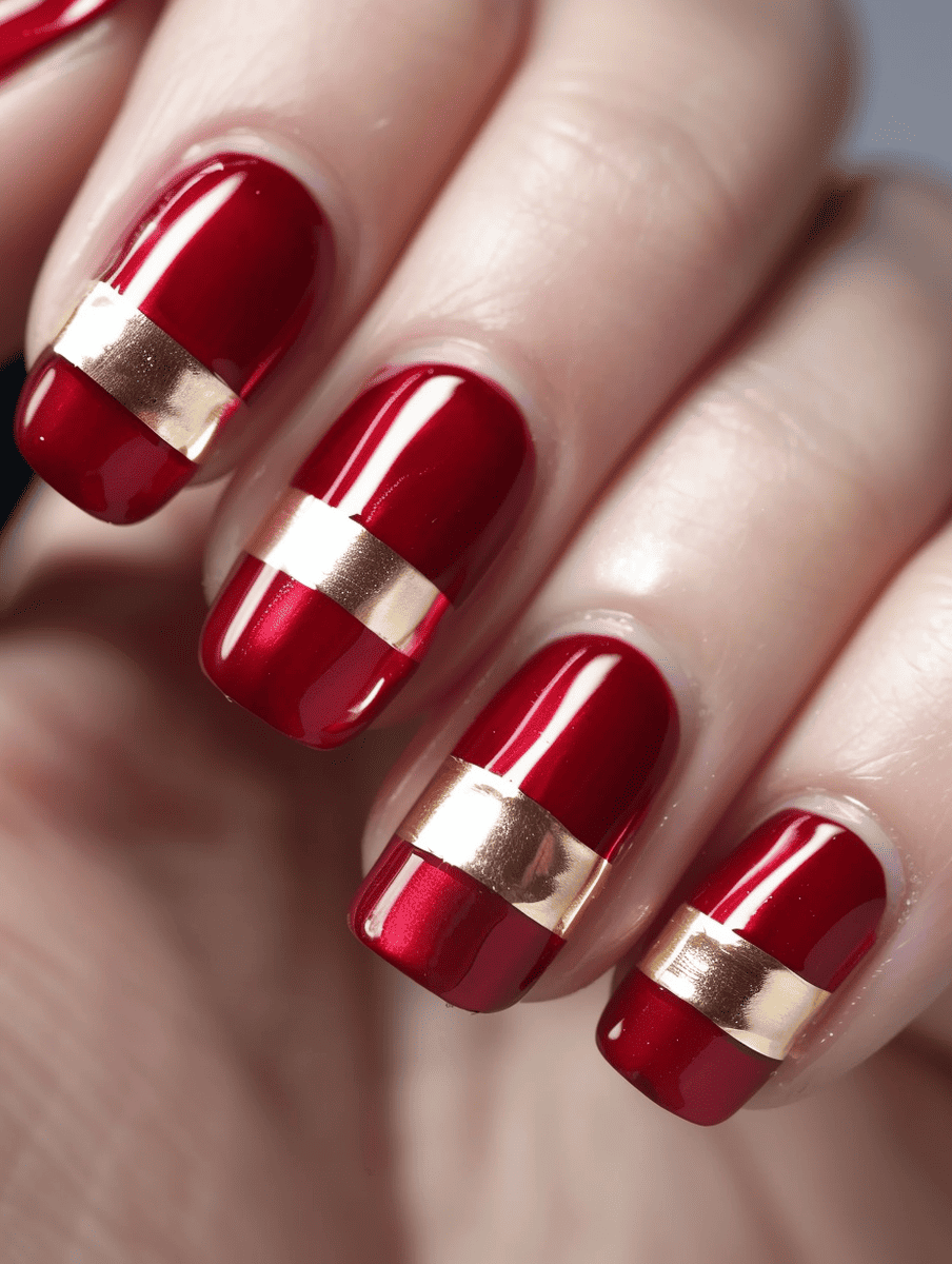 red and gold nail art. red with gold stripes