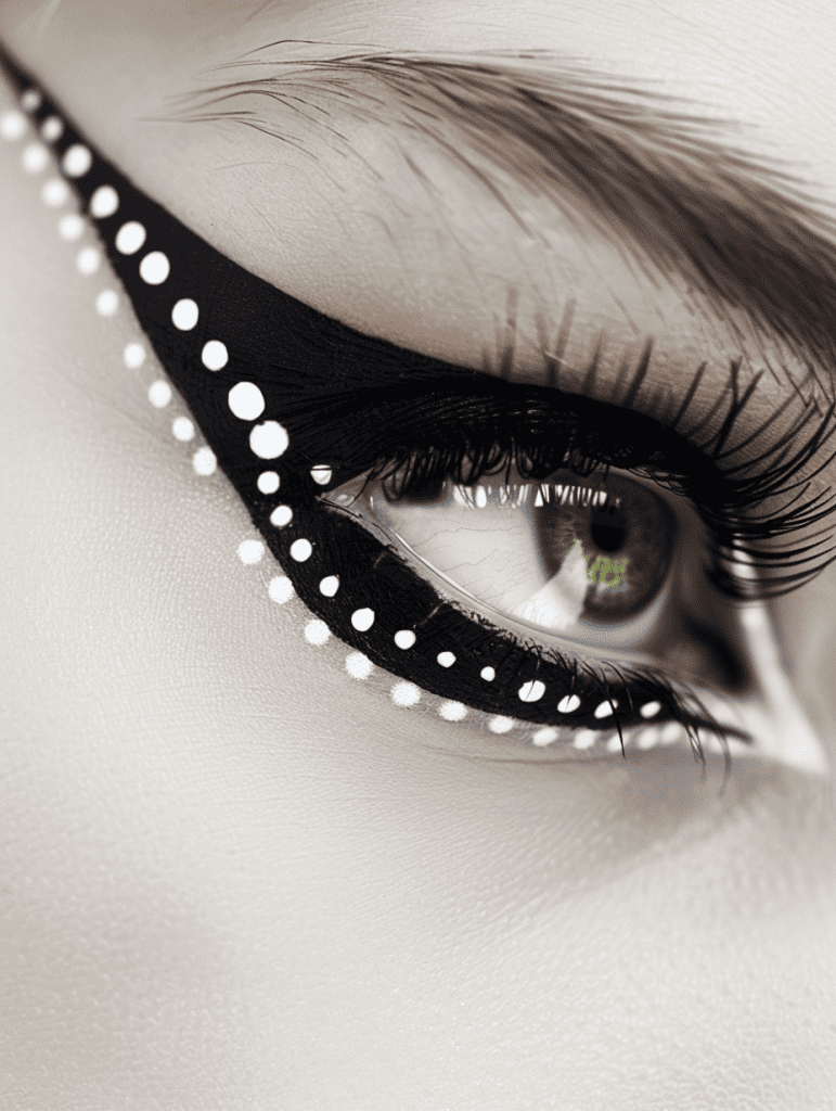 Close-up of an eye with dramatic black eyeliner and long eyelashes, accented with white eyeliner dots above the eyelid and at the corners of the eye