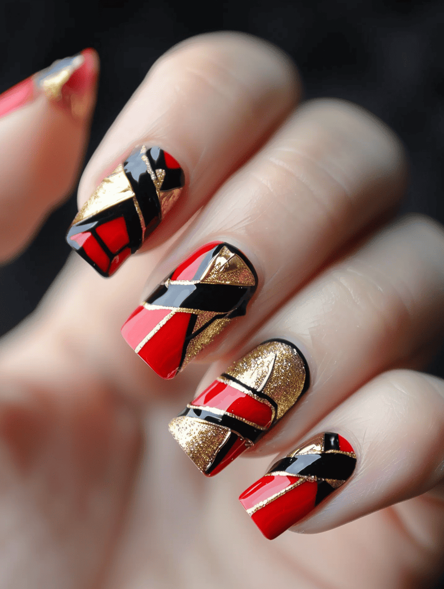 red and gold nail art. red and gold geometric patterns