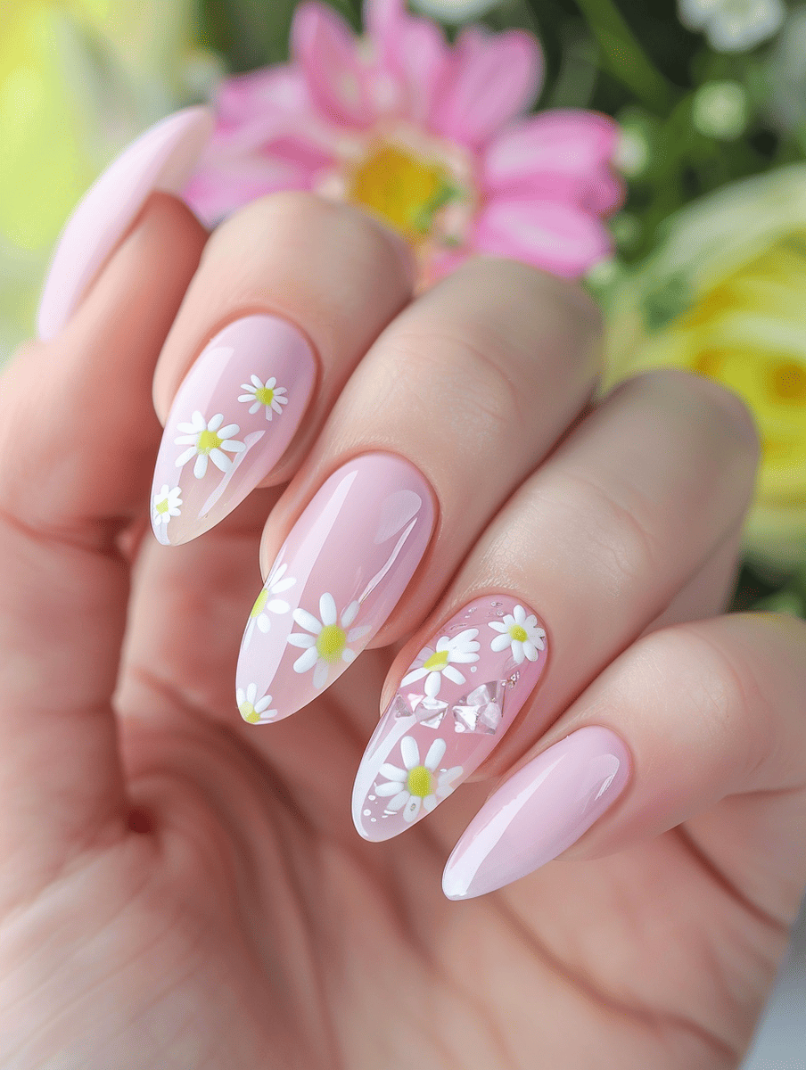 Pastel pink nails with white daisy accents