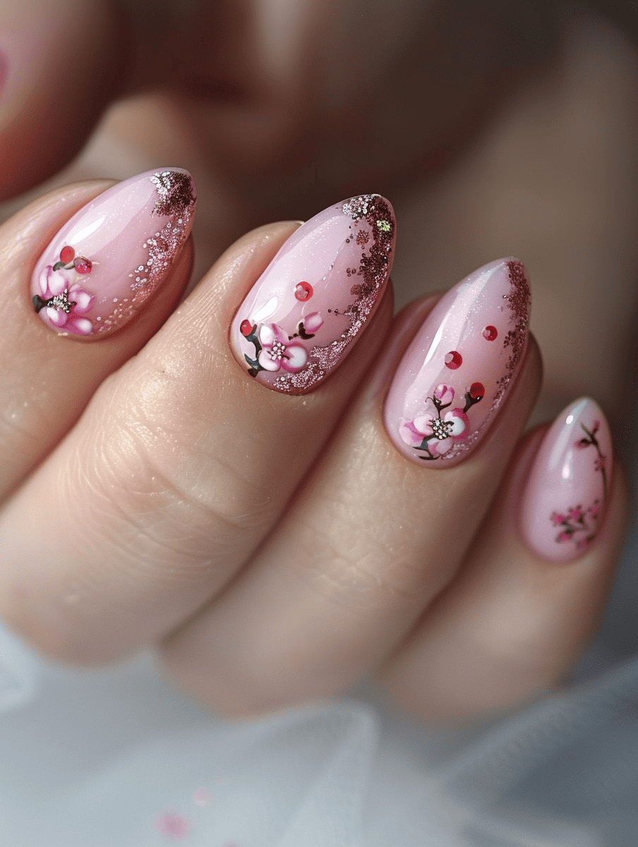 spring nails. cherry blossom pink with glitter