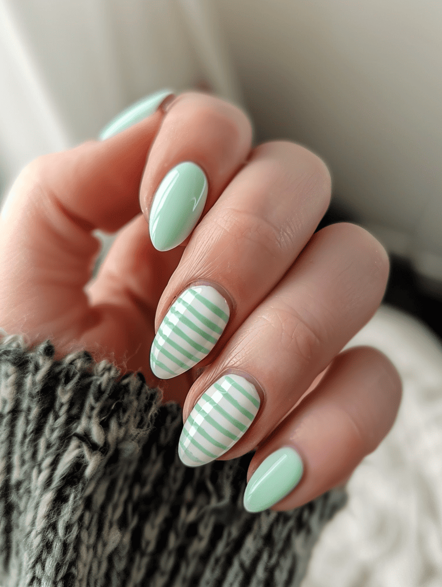 spring nails. mint green and white stripes
