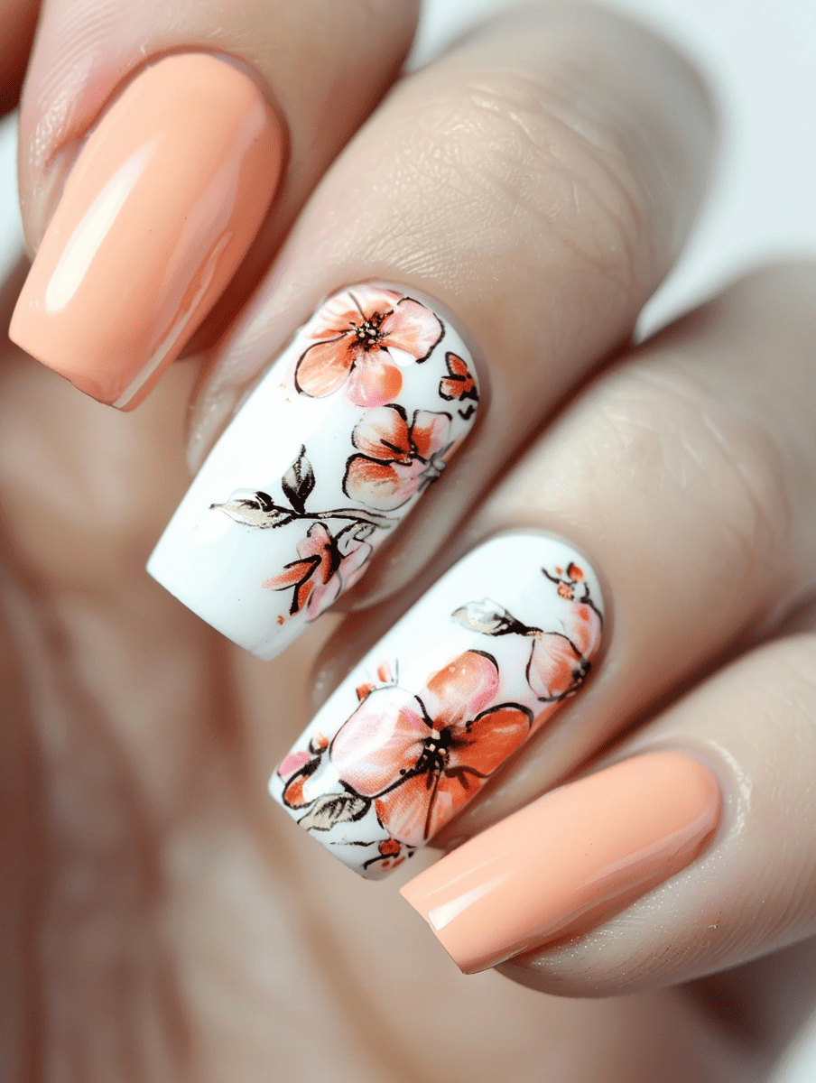 Soft peachy coral nails adorned with delicate floral decals 