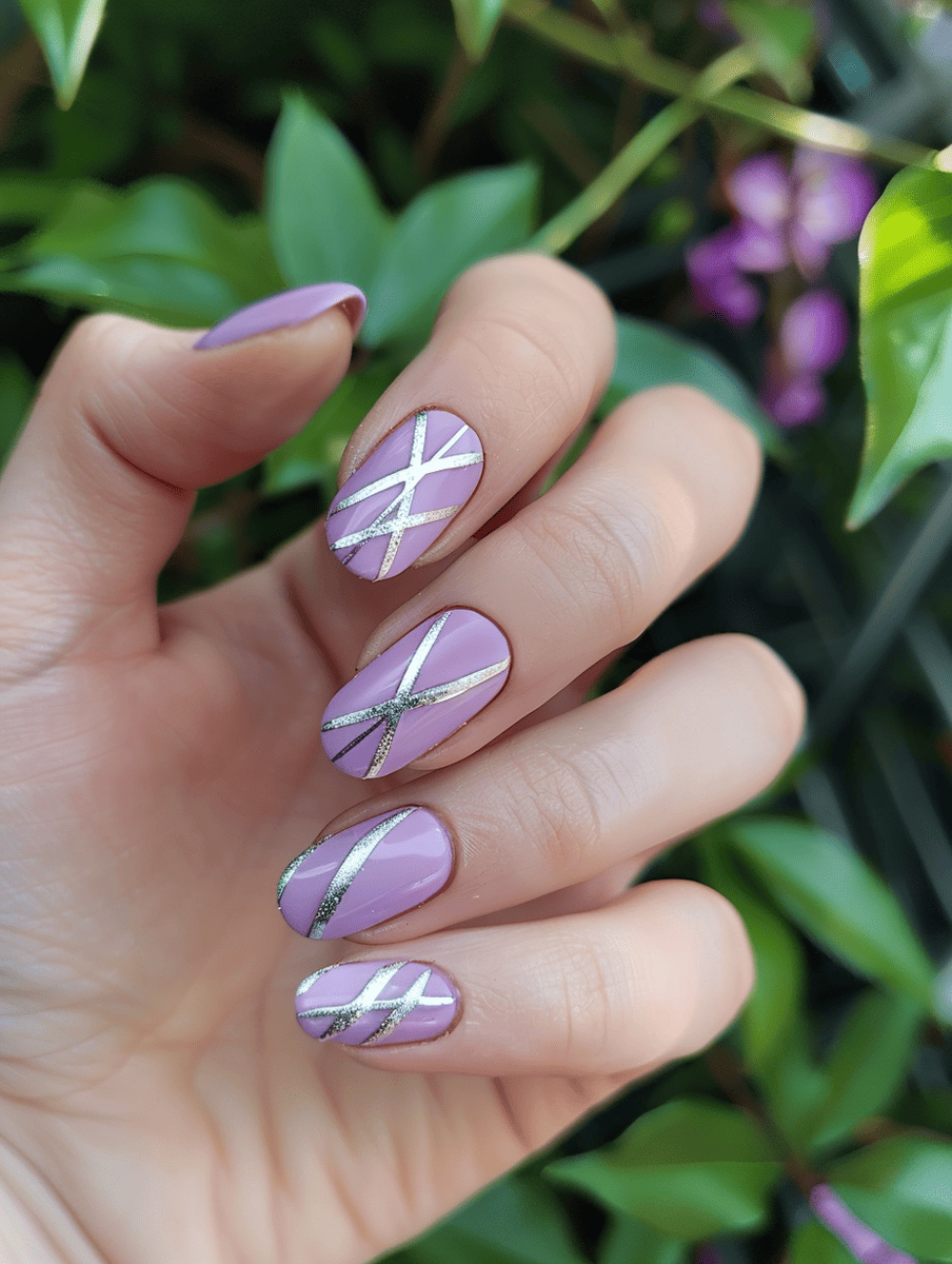 spring nails. soft violet with silver geometric lines