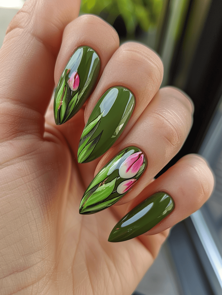spring nails. green with pink tulip designs