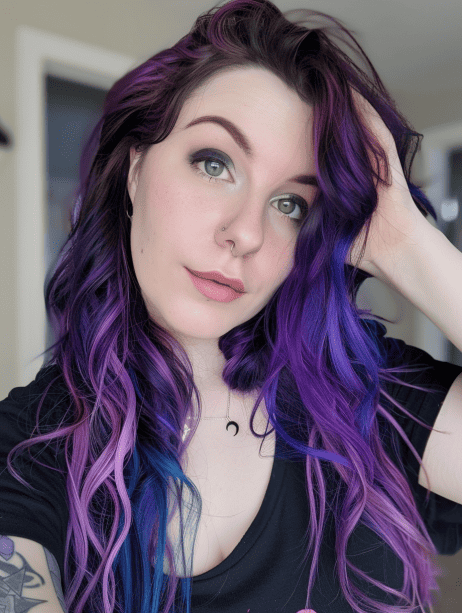 a woman with bold purple center stage hairstyle