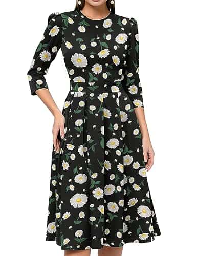 Simple Flavor Women\'s Floral Vintage Dress Elegant Midi Evening Dress 3/4 Sleeves