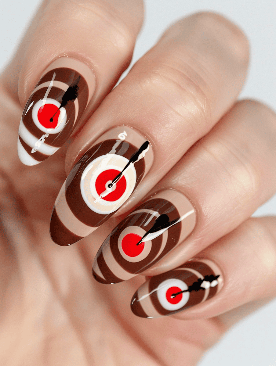 Sports-themed nail art design with archery target circles
