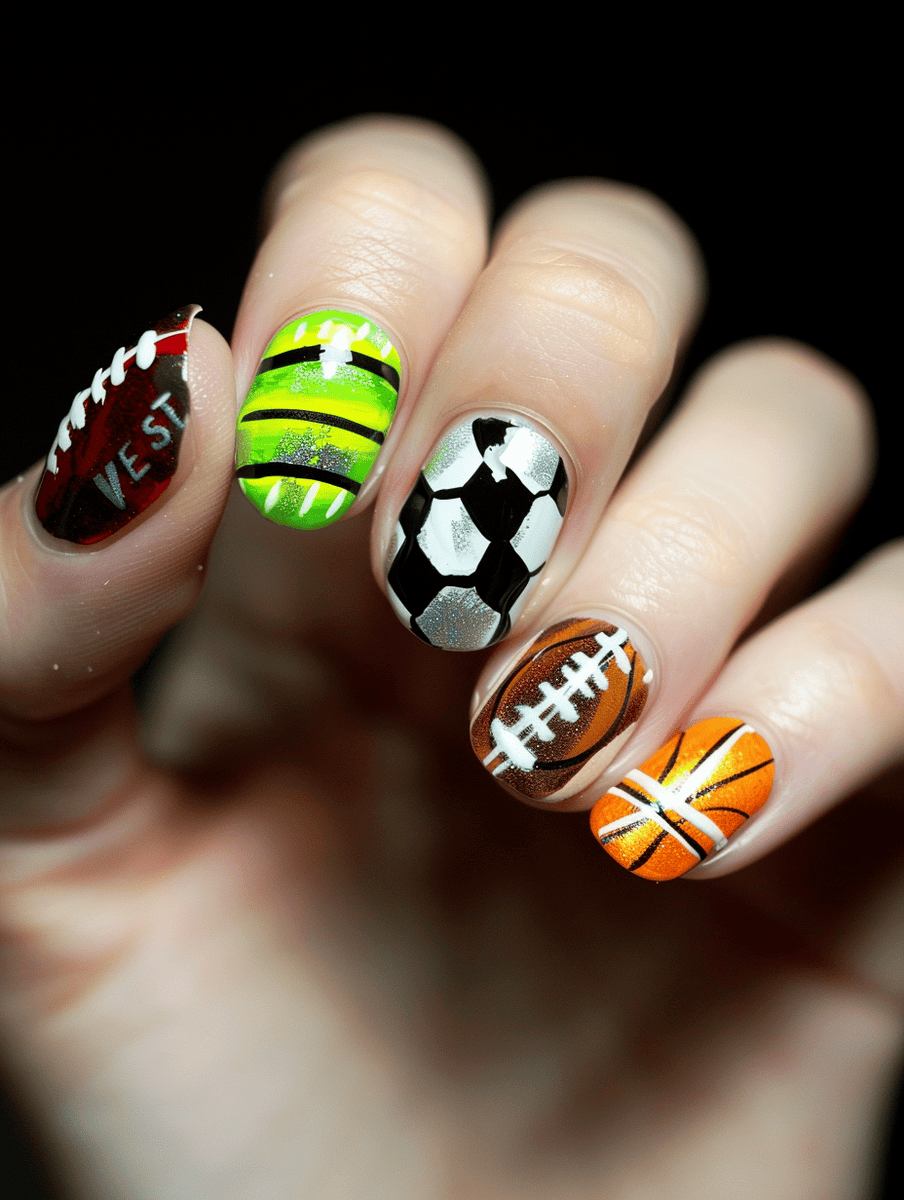 Assorted sports-themed nail art with basketball, soccer ball, baseball, American football, and tennis ball designs