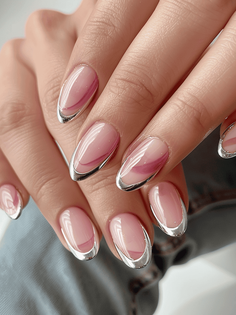 minimalist nail design with barely-there pink and silver accents