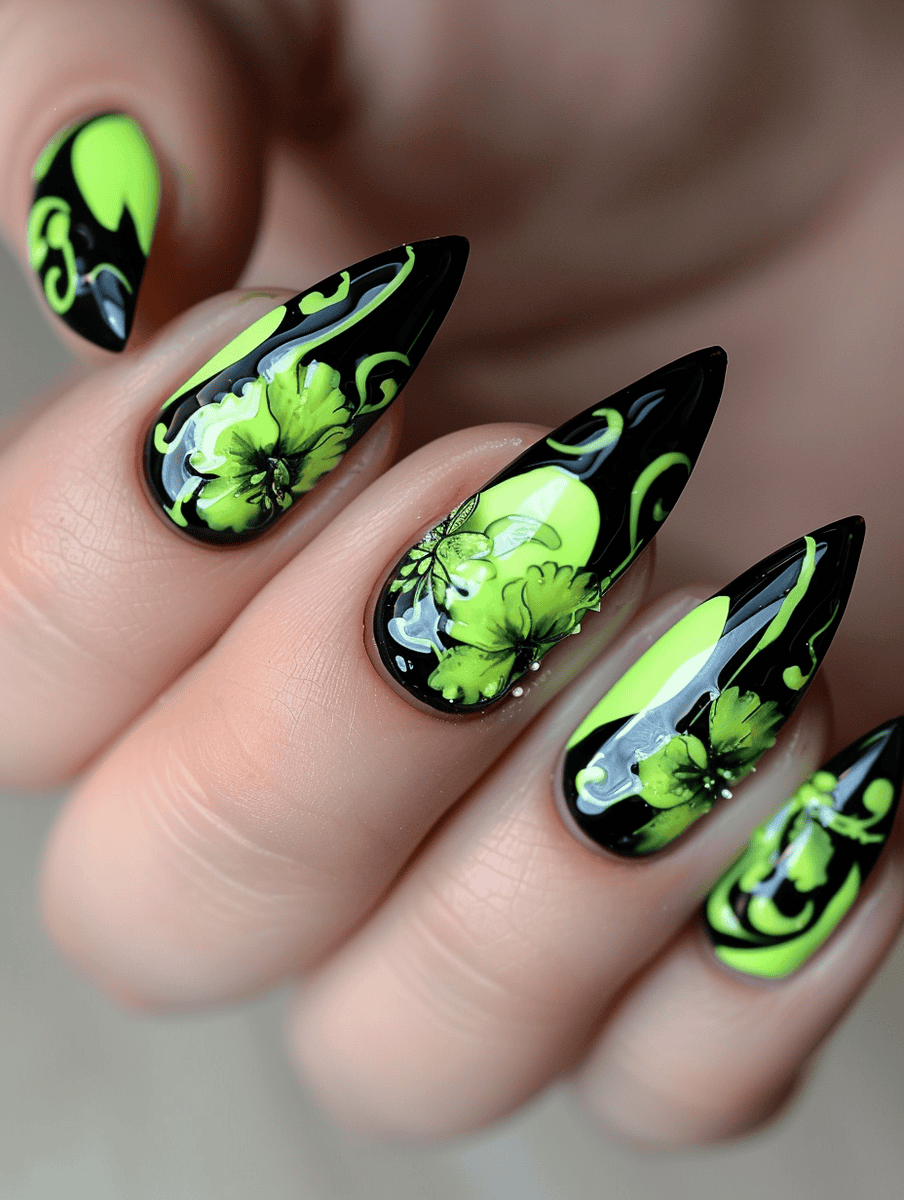 Black base with lime green floral accents