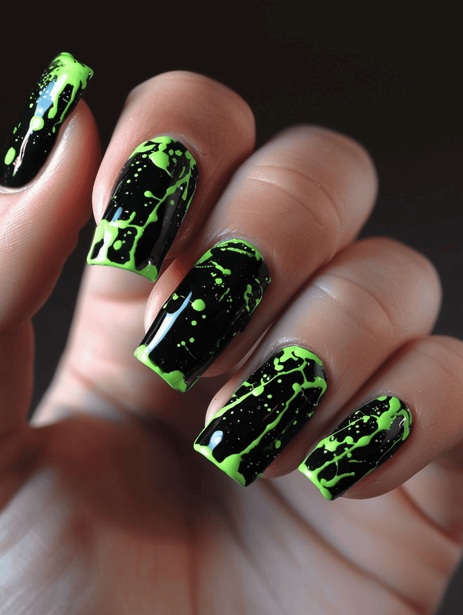 Black nails with lime green splatter