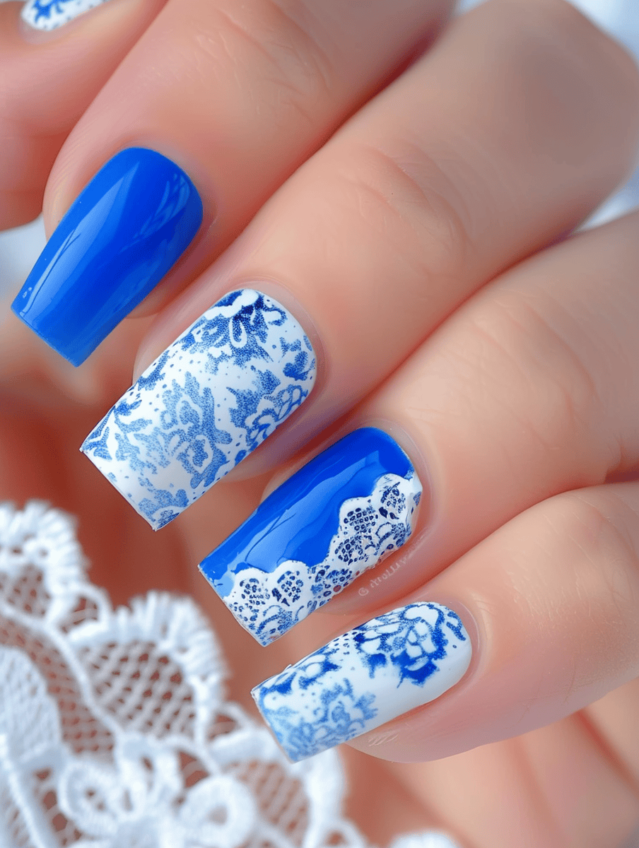 Blue Nails with White Lace Accents