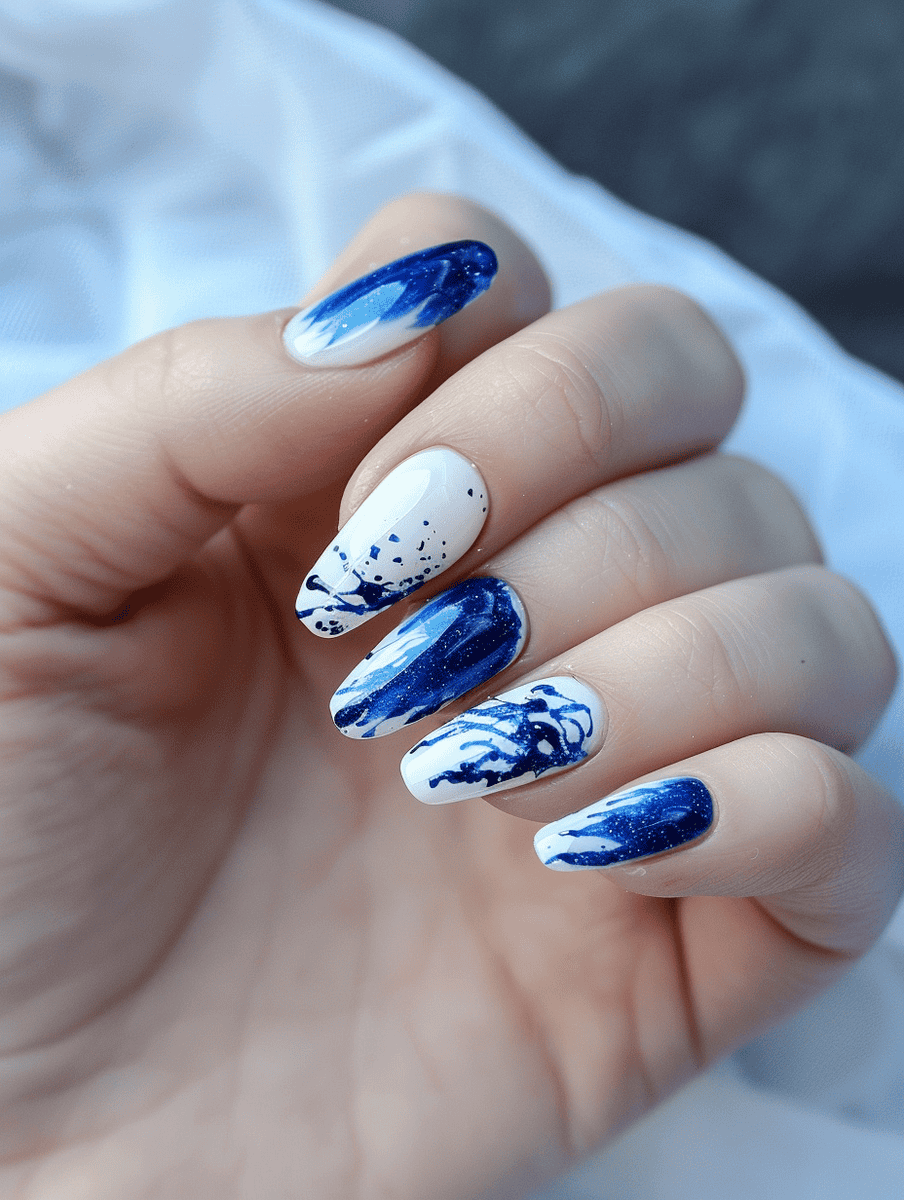 Blue and White Abstract Art Nails