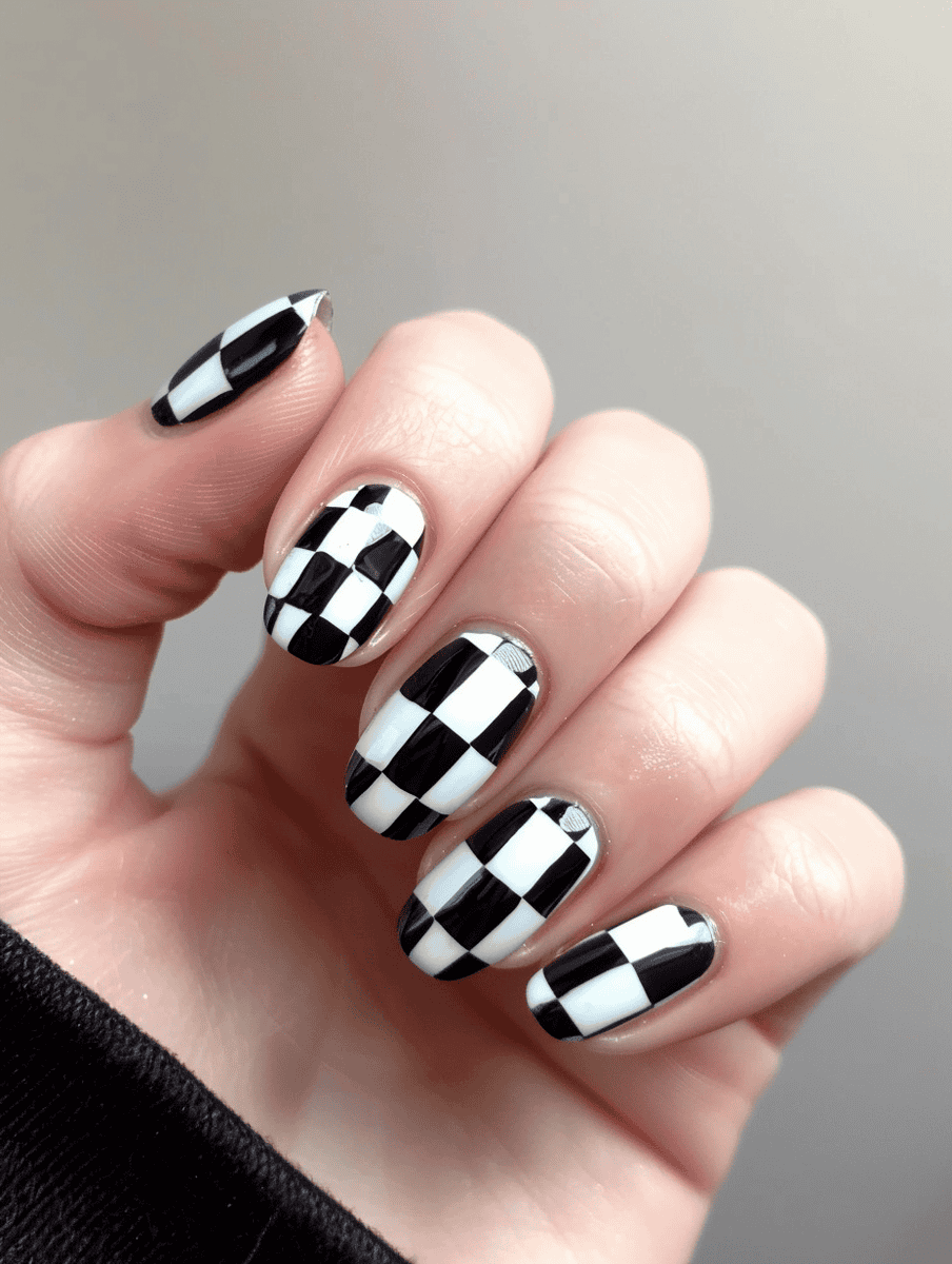 Sports-themed nail art design with a racing checkered flag pattern