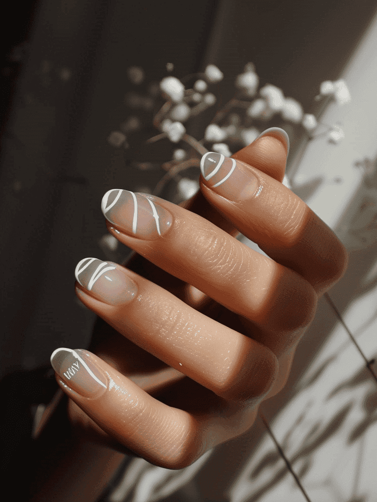 minimalist nail design with clear and minimal white lines