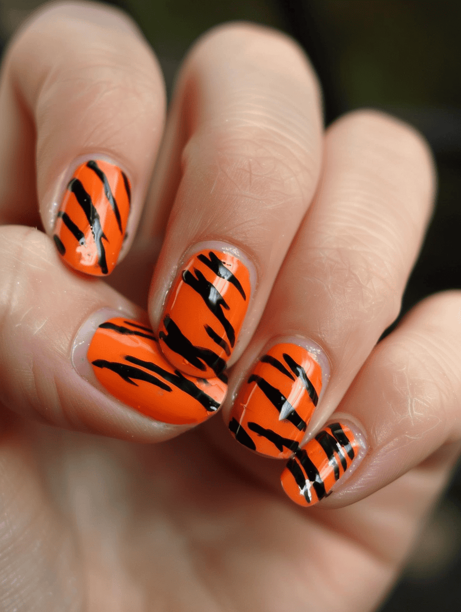 Garfield nail art design featuring orange with black stripes