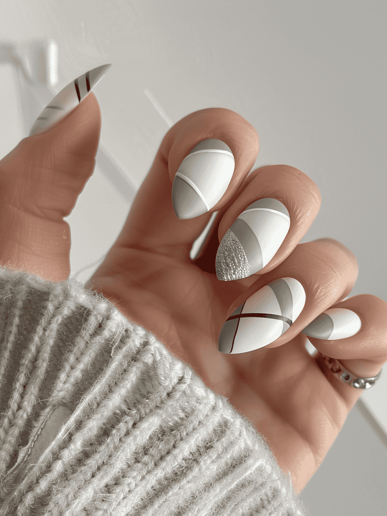 minimalist nail design with geometric grey and white patterns