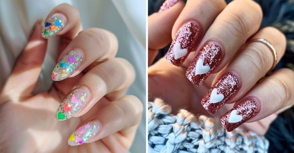 Glitter Nails With Hearts