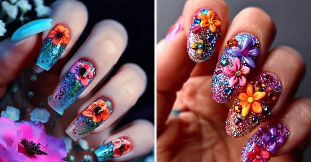 Glitter and Flower Nail Designs