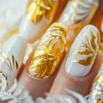 Gold and white wedding nail design. Abstract gold and white art 1600x900