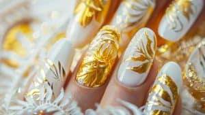 Gold and white wedding nail design. Abstract gold and white art 1600x900